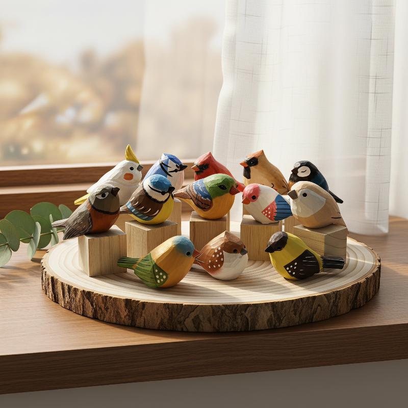 Vintage Collectibles Store - Kawaii handgeschnitzte Holzvogelfiguren, farbenfroh handbemalt, mit